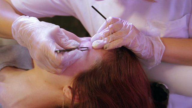 The beautician plucks and corrects the client's eyebrows with tweezers