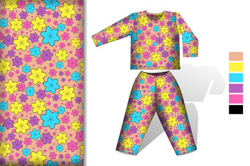 Seamless pattern with bright flower ornament pajamas mockup, design concept for fabric and print paper