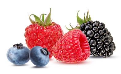 Fresh raspberries, blueberries and blackberries isolated on white background