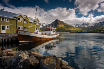 Wooden Icelandic fishing boat in Siglufjörður bay