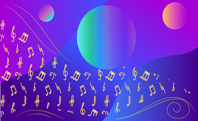 Cosmos, a universe with three colorful planets, on a blue-violet background. A wave of many gold notes and musical signs on the background of space. Music that unites the cosmos. Vector illustration.