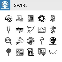 Set of swirl icons such as Round up ride, Nautilus, Certificate, Candy, Black hole, Lollipop, Musical notes, Hurricane, Wedding certificate, Moustache , swirl