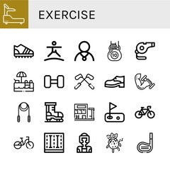 Set of exercise icons such as Fitness, Trainers, Trampoline, Athlete, Kettlebell, Whistle, Swimming pool, Weightlifting, Golf, Shoe, Dumbbell, Skipping rope, Ice skate , exercise