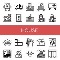 Set of house icons such as Drawing table, Insurance, Plumber, Door, Smart home, White house, Bench, Architect, Furniture, Carpenter, Sofa, Blueprint, Brick wall, Doorman , house