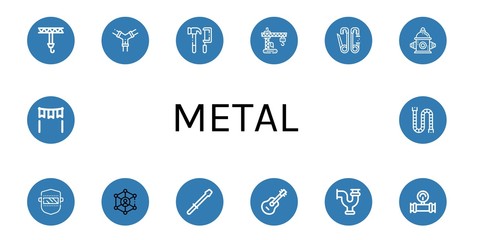 Set of metal icons such as Crane, Pipes, Tools, Safety pin, Fire hydrant, Welding, Link, Screwdriver, Guitar, Pipe, Manometer, Gate , metal