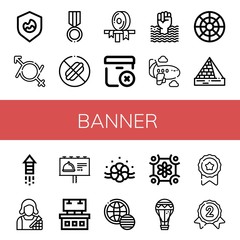 Set of banner icons such as Shield, Gender fluid, Medal, No food, Ribbon, Delete package, World pride day, Airplane, Color circle, Pyramids, Fireworks, Makeup artist , banner