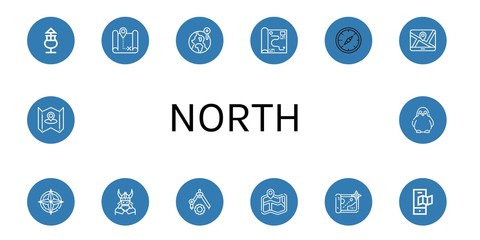 Set of north icons such as Mai thai, Map, World, Compass, Viking, Penguin , north