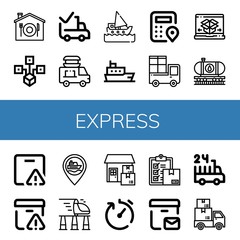 Set of express icons such as Home delivery, Distributed, Delivered, Food delivery, Ship, Logistics, Delivery, Shipping and Oil train, Important High speed train , express