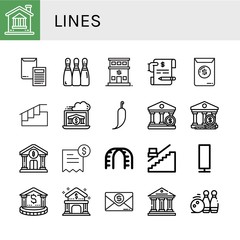 Set of lines icons such as Bank, Invoice, Bowling, Stairs, Hot pepper, Stair, Paper lamp, Bowling pins , lines