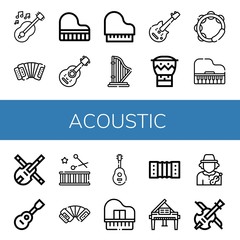 Set of acoustic icons such as Guitar, Accordion, Grand piano, Acoustic guitar, Piano, Harp, Electric guitar, Bongo, Tambourine, Violin, Viola, Drum, Harmonic, Musician , acoustic