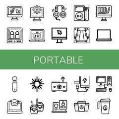 Set of portable icons such as Computer, Monitor, Laptop, Headphones, Screen, Mp player, Stage, Usb, Mirror, Walkie talkie, Freezer, Power bank, Paper cup, Coffee cup , portable