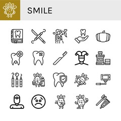 Set of smile icons such as Angry, Tooth, Dentist tools, Kiss, Pumpkin, Broken tooth, Toothbrush, Buffoon, Mouthwash, Toothbrushing, Laughing, Selfie, Dentist, Sad, Blushing , smile