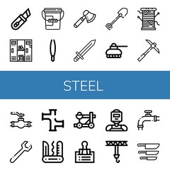 Set of steel icons such as Cutter, Locker, Bucket, Tweezers, Axe, Sword, Shovel, Tank, Thread, Pickaxe, Valve, Wrench, Pipe, Swiss army knife, Catapult, Clip, Welder, Crane , steel