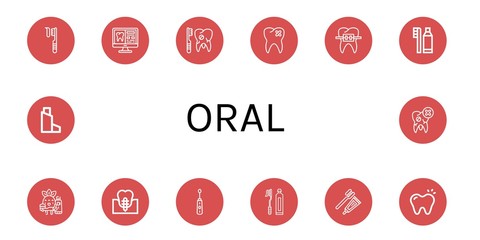 Set of oral icons such as Toothbrush, Tooth, Broken tooth, Braces, Dental hygiene, Toothbrushing, Dental implant, Electric toothbrush, Inhaler , oral