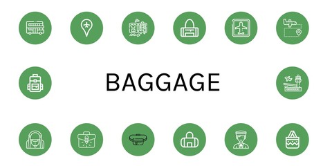 Set of baggage icons such as Touristic, Airport, Luggage, Sport bag, Gym bag, Briefcase, Belt pouch, Bellboy, Handbag, Backpack , baggage