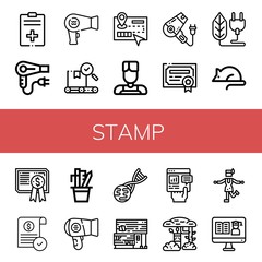 Set of stamp icons such as Report, Hair dryer, Quality, Guide, Barber, Patent, Bio, Animal testing, Certificate, Approve, Stationery, Gmo, Rubber land, Camouflage, Charleston , stamp