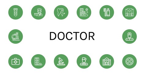 Set of doctor icons such as Medicine, Postwoman, Healthy tooth, Hospital, Dental hygiene, First aid kit, Pills, Microscope, Doctor, Hospice, Surgery lamp, Nurse , doctor