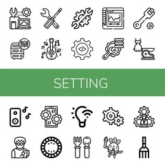 Set of setting icons such as Settings, Adjustment, Music, Setting, Optimization, Wrench, Knife, Editor, Plate, Light control, Cutlery, Eating, Fork , setting