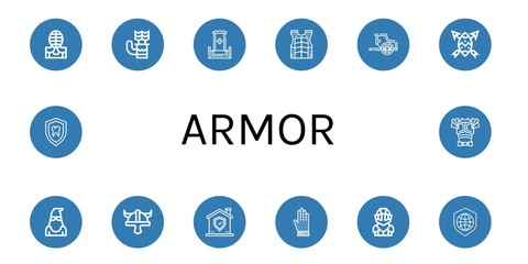 Set of armor icons such as Kendo, Quiver, Throne, Bulletproof vest, Chariot, Shield, Executioner, Viking helmet, Chainmail, Knight, Armor , armor