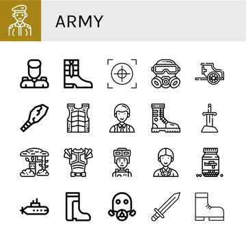 Set of army icons such as Soldier, Military, Boots, Crosshair, Gas mask, Chariot, Weapon, Bulletproof vest, Officer, Boot, Sword, Camouflage, Armor, Ammo, Submarine , army