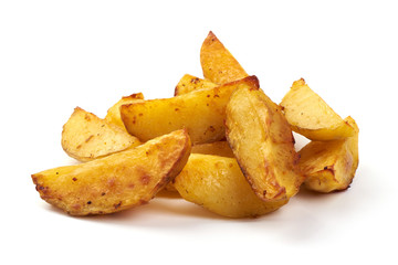 Homemade baked potato wedges, fry potatoes, isolated on white background