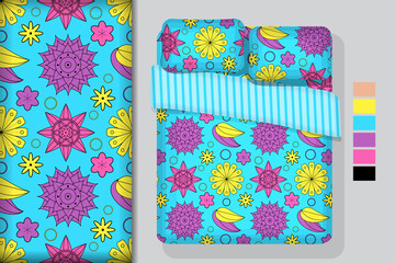 Seamless pattern with bright flower ornament with bed linens mockup, design concept for fabric and print paper