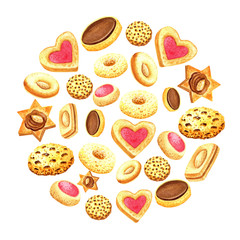 Clip art circle  Coffee time - coffee  cakes,  love heart, strawberry  cakes, cookies, cream  cakes. Hand painted in watercolor.
