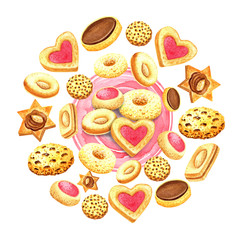 Clip art circle  Coffee time - coffee  cakes,  love heart, strawberry  cakes, cookies, cream  cakes. Hand painted in watercolor.