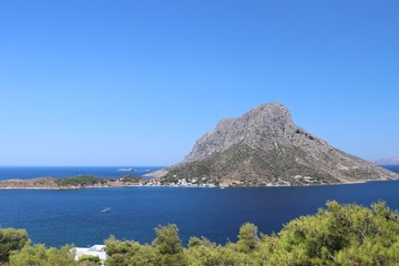Fototapeta na wymiar Greece, Telendos island, beautiful mediterranean resort and climbing paradise in the Aegean sea