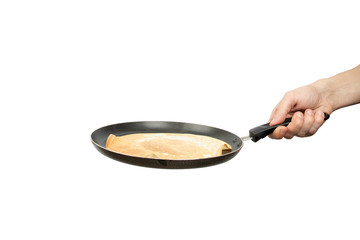 person holds frying pan with a pancake. isolated on white background.