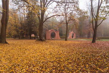 Iłowa, park dworski w jesienny, mglisty poranek.