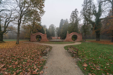 Iłowa, park dworski w jesienny, mglisty poranek.