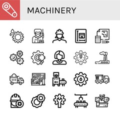 Set of machinery icons such as Gear, Worker, Engineer, Blueprint, Gears, Industry, Dumper, Rubber land, Conveyor, Cogwheel, Crane truck, Robot arm, Machinery , machinery