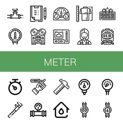 Set of meter icons such as Valve, Gauge, Scoring, Recorder, Dashboard, Thermometer, Measure, Electrician, High score, Stopwatch, Diabetes, Manometer, Ruler, Plumbing, Pressure , meter