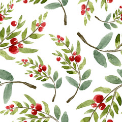 Aquarellblumenmuster der Niederlassung mit roten Beeren. Handgezeichnete Illustration