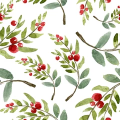 Fototapete Küche Aquarellblumenmuster der Niederlassung mit roten Beeren. Handgezeichnete Illustration