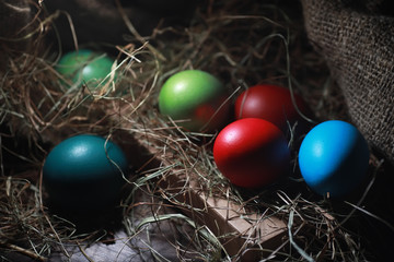 Easter painted eggs on burlap