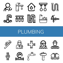 Set of plumbing icons such as Plumber, Faucet, Water filter, Plumbing, Piping, Irrigation system, Bathtub, Pipe, Pipe wrench, Valve, Water meter, Tap, Sewer, Washbasin , plumbing