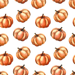 Seamless pattern with pumpkin, watercolor painting, vegetables on a white background. Illustrations for postcards, banners, posters, fabrics, kitchens