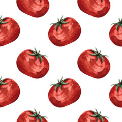 Seamless pattern with tomatoes watercolor painting, vegetables on a white background. Illustrations for postcards, banners, posters, fabrics, kitchens