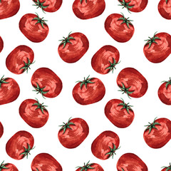Seamless pattern with tomatoes watercolor painting, vegetables on a white background. Illustrations for postcards, banners, posters, fabrics, kitchens