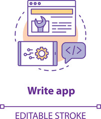Write app concept icon. Software development idea thin line illustration. Service orchestration. Tools for front-end, back-end developer. Vector isolated outline drawing. Editable stroke