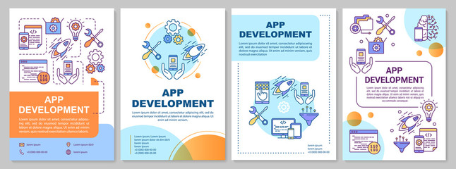 Fototapeta na wymiar App development brochure template. Mobile programming. Flyer, booklet, leaflet print, cover design, linear illustrations. Vector page layouts for magazines, annual reports, advertising posters