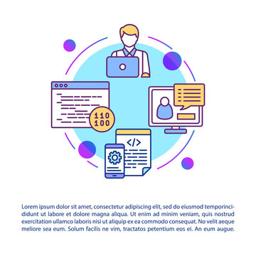 Reusable business logic article page vector template. App programming and coding process. Brochure, magazine, booklet design element with linear icons. Print design. Concept illustrations with text