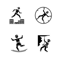 Extreme sports glyph icons set. Parkour, traversing obstacles. Zorbing, globe-riding. Slacklining. Abseiling, rappelling. Mountaineering. Silhouette symbols. Vector isolated illustration