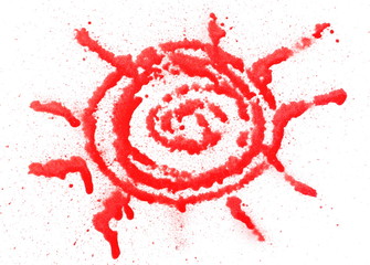 Red blood spray stain, graffiti sun with rays isolated on white background, clipping path