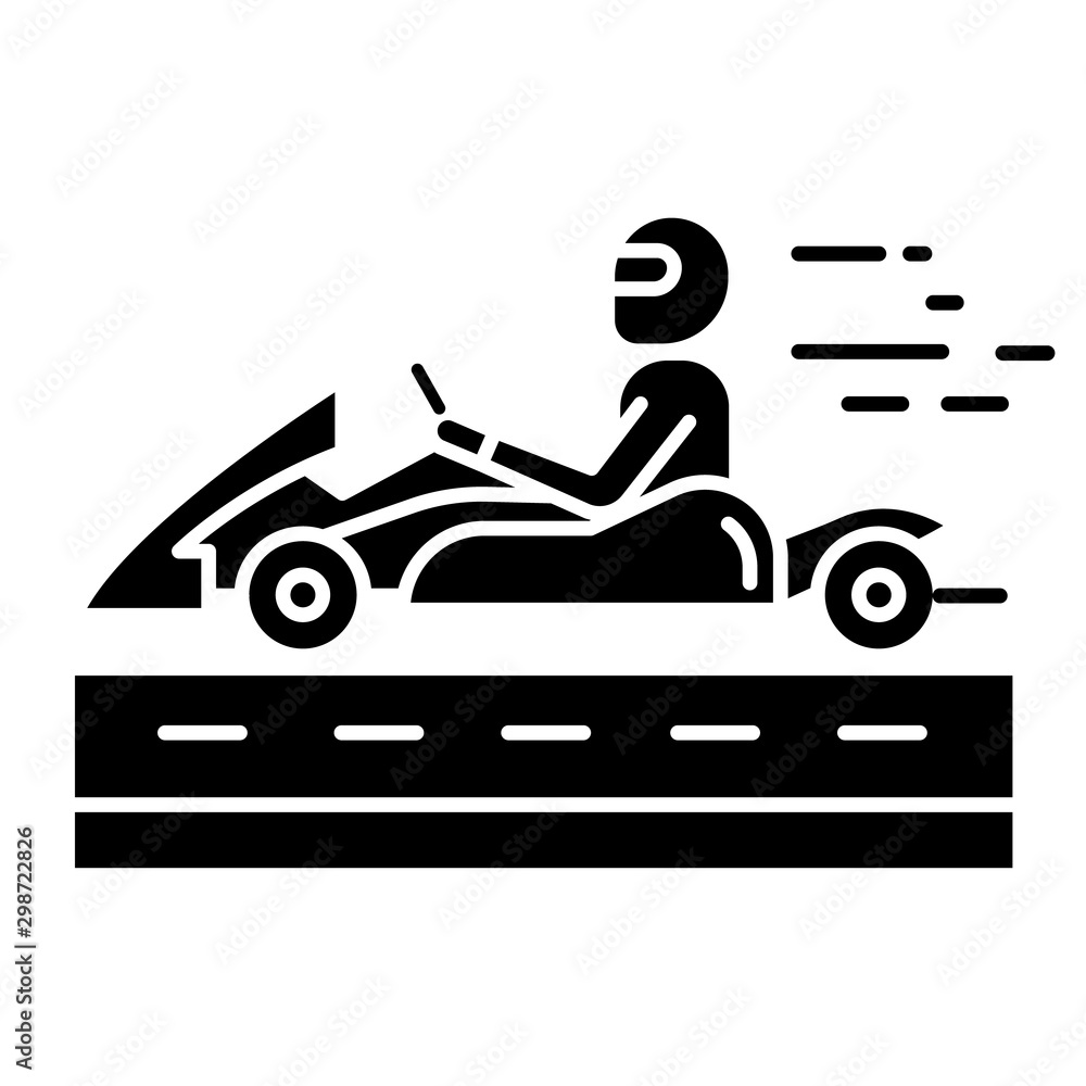 Sticker Kart racing glyph icon. Man in karting vehicle on track. Open-wheel motorsport. Recreational go-karting. Extreme sport. Silhouette symbol. Negative space. Vector isolated illustration