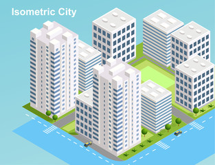 Isometric urban megalopolis top view of the city infrastructure town, street, houses, architecture 3d elements different buildings