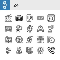 Set of 24 icons such as Watch, Clock, Timer, Online support, Digital clock, Support, Table clock, Hourglass, Time, Wristwatch, Customer service agent, Service, Second hand , 24