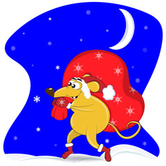 Eastern symbol of 2020. Kawaii rat carries a red bag with gifts. A mouse in a Santa Claus hat, mittens and boots walks in the snow, snowflakes fall from above and the moon shines